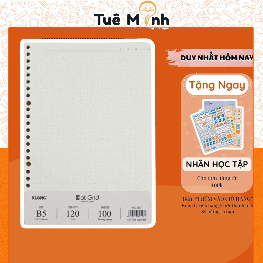 Ruột sổ còng B5 100 tờ (200 trang) giấy Dotgrid Klong MS 547 VPPTUEMINH, giấy refill binder Klong