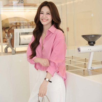 Áo sơ mi nữ GILLEE dáng oversized, sơ mi form rộng vải kate lụa hồng san hô FAS291