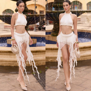 Sét Áo Ngắn Vặn Dây Cổ Yếm + Chân Váy Tua Rua HIBEESTORE, Sét Đi Biển Đi Tiệc Sang Trọng VKS776 SH720