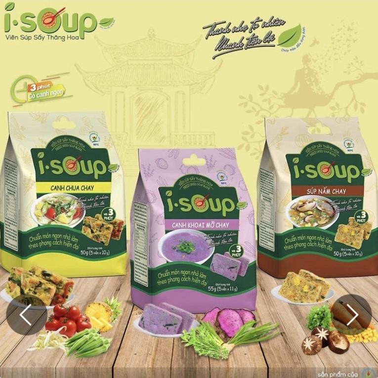 Canh Chua Chay Ăn Liền,Súp Nấm Chay, Khoai Mỡ Chay, Cải Chua Nấu Thịt Ăn Liền I-Soup 55G (5 Viên x 1