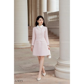 Váy Tweed dài tay phối cổ trắng_Hồng_LALYA_D489