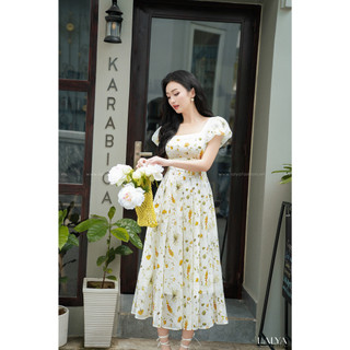 Váy hoa cổ vuông phối tơ-Hoa vàng_LALYA_D541