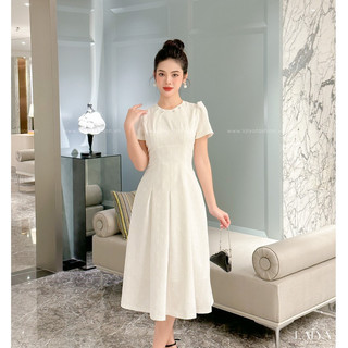 Váy gấm hoa nổi khuy viền cổ-Trắng_LALYA_D488