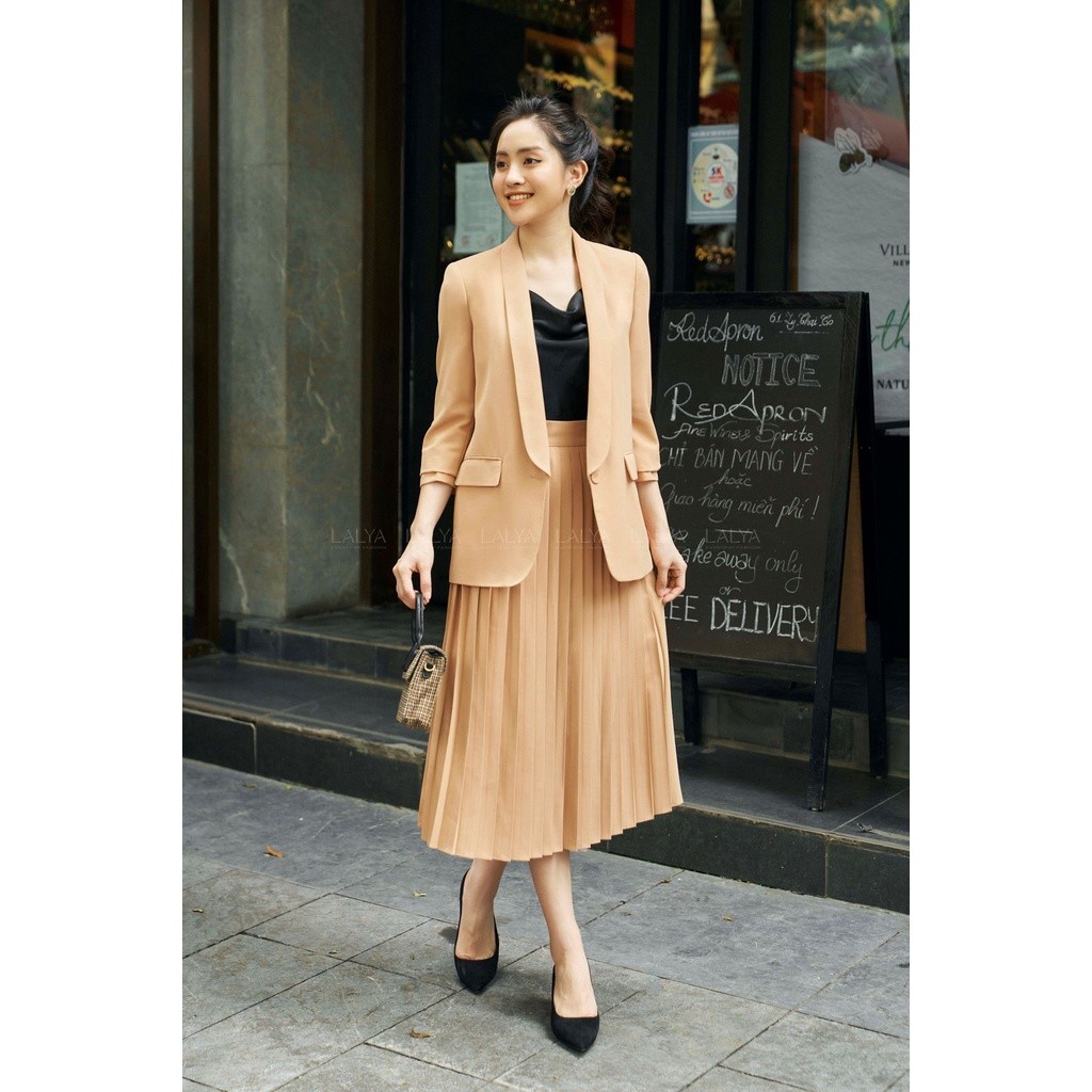 LALYA_Áo Blazer cổ sam basic - Nâu