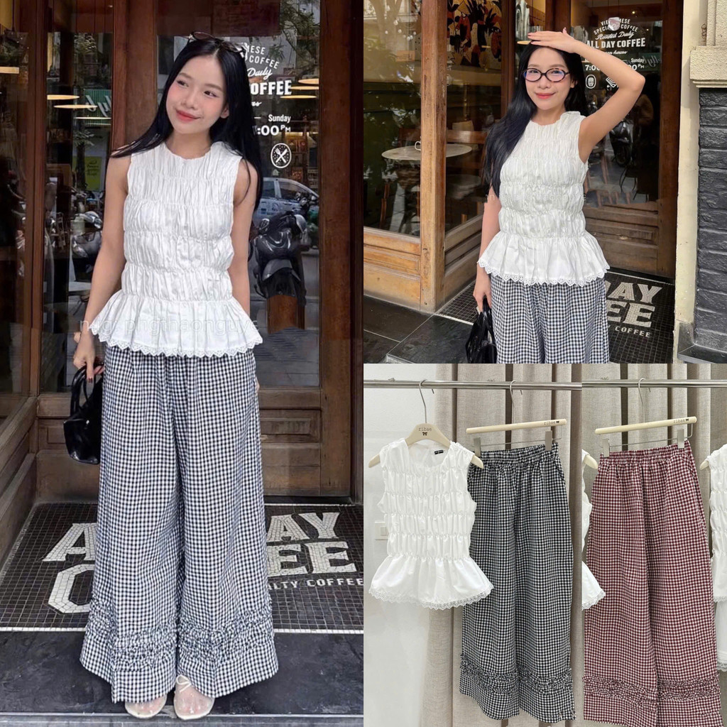 Set Áo Bo Chun Sát Nách Phối Ren Mix Quần Kẻ Caro Gấu Bèo 2 Màu Cute (Ảnh Thật Trải Sàn) Lollaye