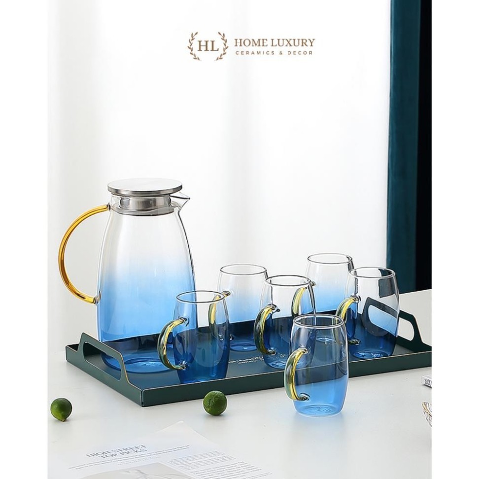 BỘ BÌNH 6 CỐC THUỶ TINH ÁNH TRAI CHỊU NHIỆT BOROSILICATE | BỘ CỐC BÌNH THUỶ TINH 7 MÀU PHA LÊ ĐẠI DƯ