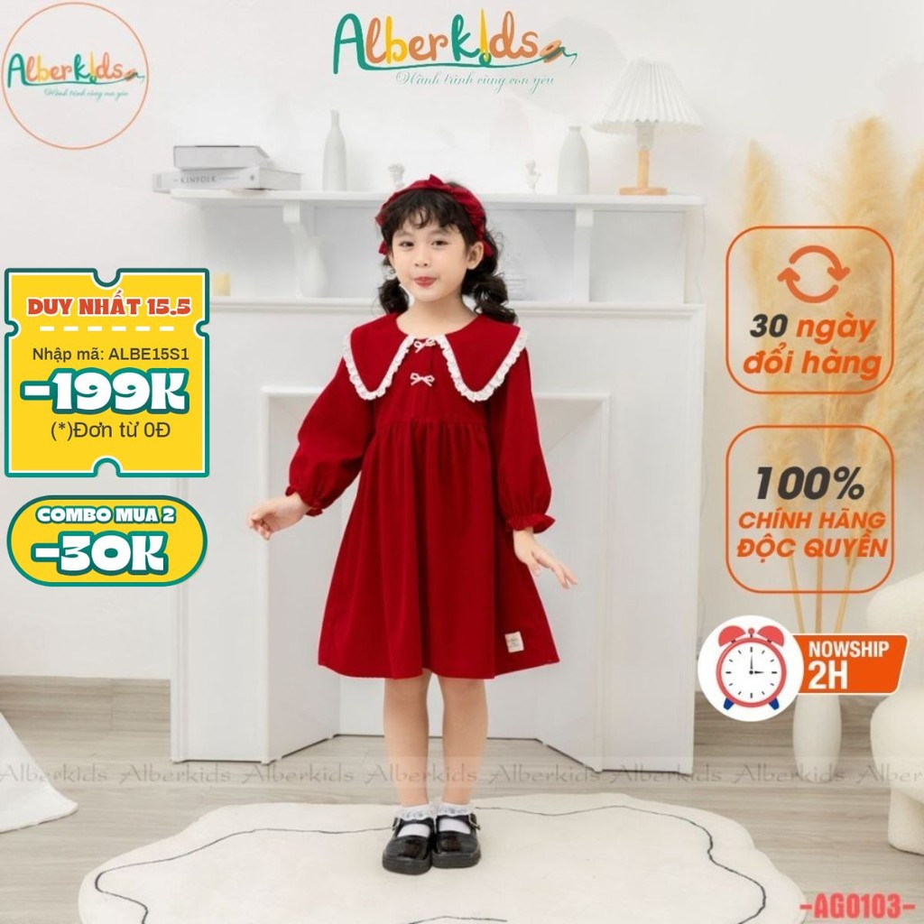 Váy bé gái ALBERKIDS thu đông đỏ CỔ  REN TRẮNG dài tay công chúa cho trẻ em 2,3,4,5,6,7,8,9,10,11,12 tuổi [AG0103]