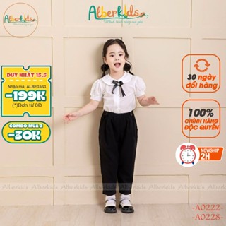 Áo, váy đi học bé gái ALBERKIDS áo cổ sen nơ ngực quần dài đen baggy cho trẻ em 4,5,6,7,8,9,10,11,12 tuổi [A0228-A0222]