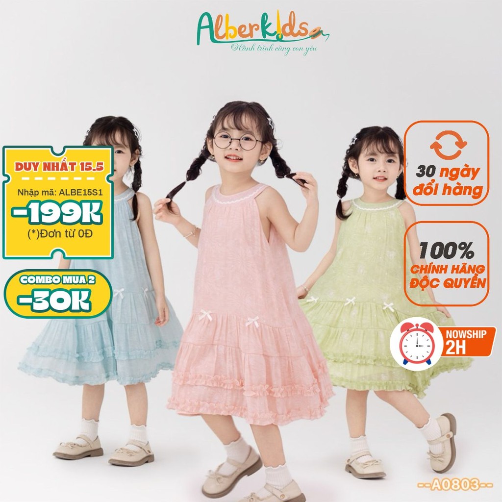 Váy bé gái đi biển ALBERKIDS sát nách đính nơ 3 màu sắc công chúa xinh đẹp cho bé 2-12 tuổi  A0803