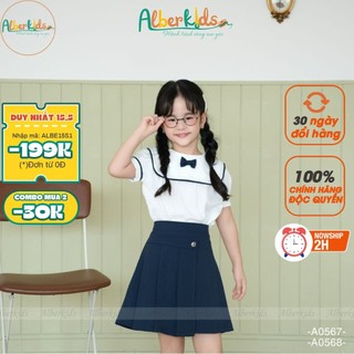 Áo, chân váy bé gái ALBERKIDS áo trắng đính nơ, chân váy xếp ly đính cúc mặc đi học cho trẻ em 5-12 tuổi A0567-A0568