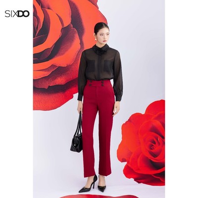 Quần nữ đỏ phối cúc SIXDO (Dark Red Woven Loose Pants)