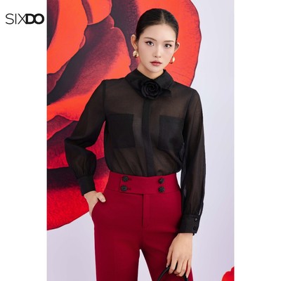 Áo somi tơ organza nữ đen dài tay phối hoa SIXDO (Black Long Sleeves Organza With Flower)