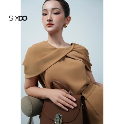 Áo nữ nâu phối vạt tay SIXDO (Light Brown Silk Blouse)