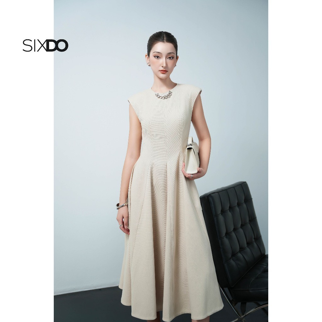 Đầm thô xòe tay hến cổ tròn SIXDO (Beige Raw Flared Dress)