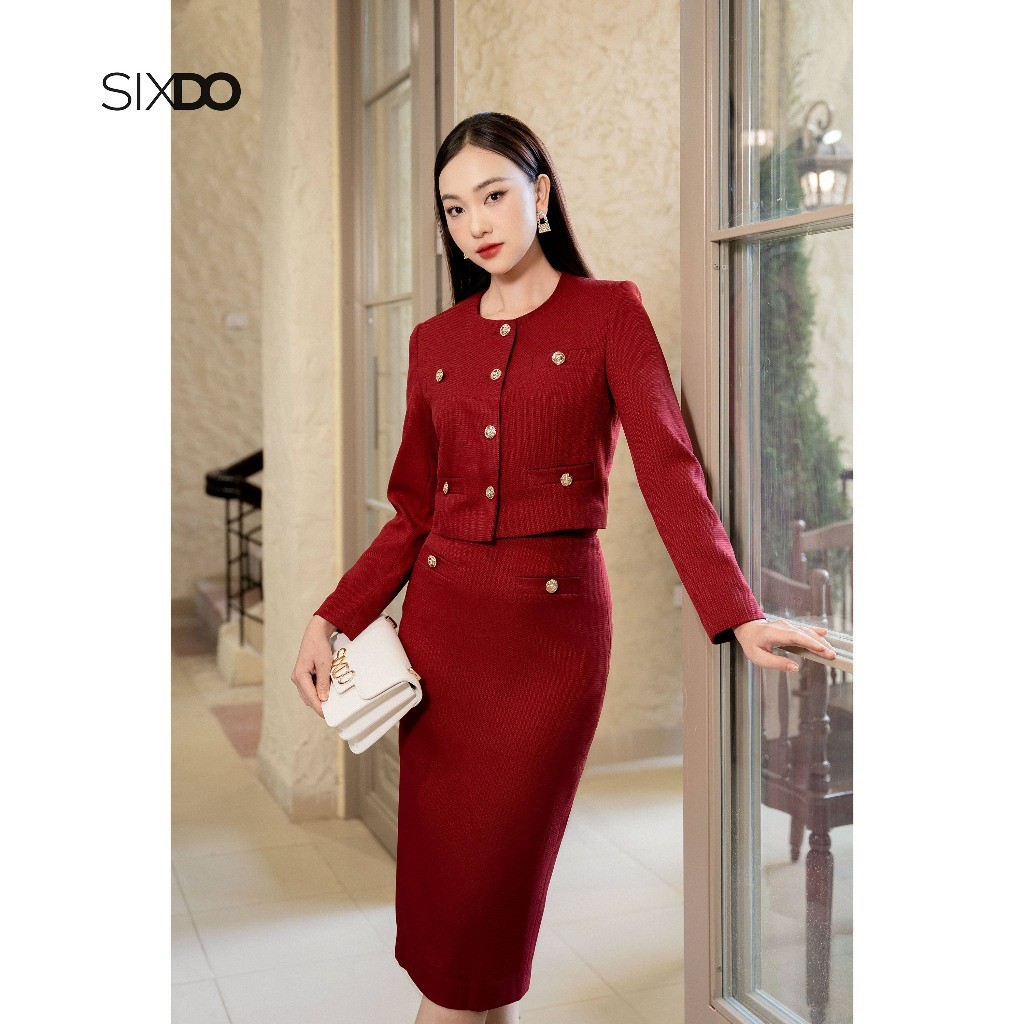 Chân váy bút chì đỏ đậm SIXDO (Dark Red Straight Midi Raw Skirt)