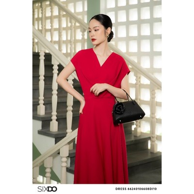 Đầm lụa đỏ cổ V SIXDO (Red V-neck Silk Midi Dress)