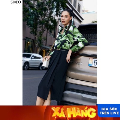 Chân váy đen vạt xẻ SIXDO không kèm belt (Black Pleated Silk Midi Skirt)