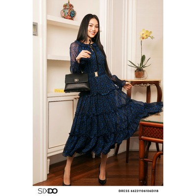 Đầm voan họa tiết chữ đen SIXDO (Blue-Black Sixdo Print Voile Midi Dress)