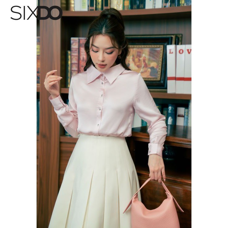 Áo sơ mi lụa cổ đức dài tay SIXDO (Light Pink Silk Blouse)