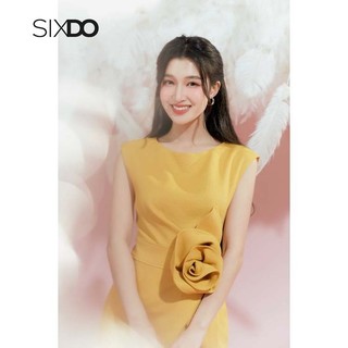 Đầm vàng hoa 3D sát nách SIXDO (Yellow 3D Flower Raw Midi Dress)