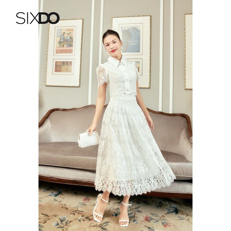Chân váy ren trắng SIXDO (White Rose Pleated Midi Lace Skirt)