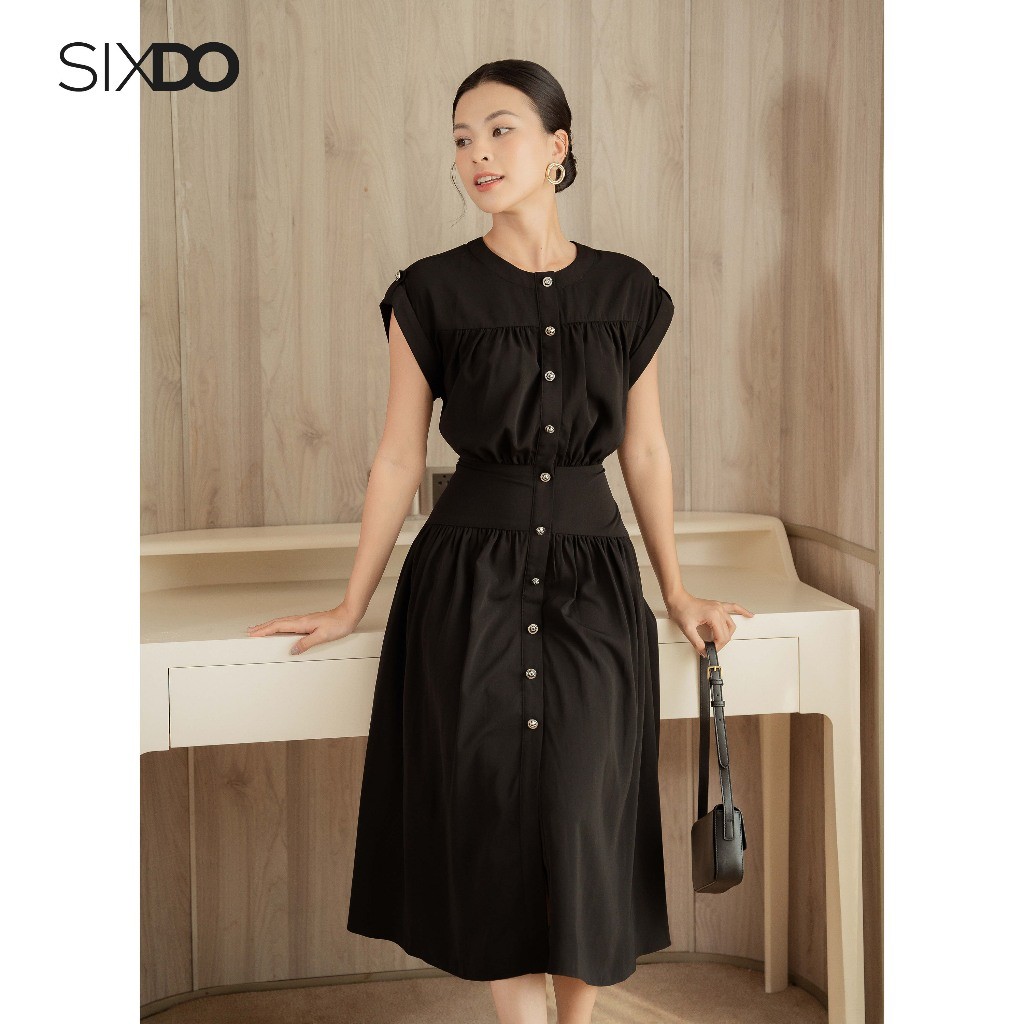 Đầm lụa đen cổ tròn sát nách SIXDO (Black Midi Silk Dress)