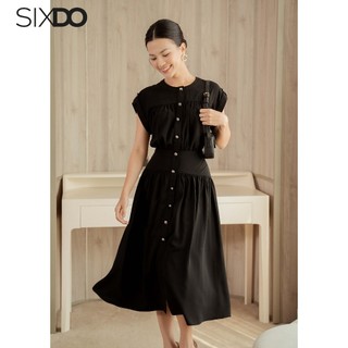 Đầm lụa đen cổ tròn sát nách SIXDO (Black Midi Silk Dress)