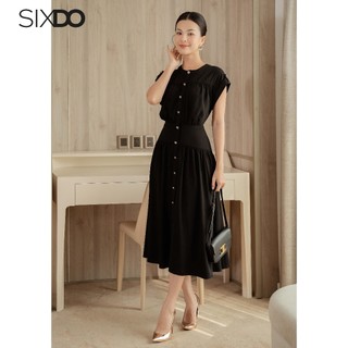 Đầm lụa đen cổ tròn sát nách SIXDO (Black Midi Silk Dress)
