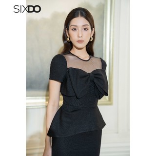 Đầm bút chì đen phối nơ SIXDO (Black Midi Raw Dress With Bowtie)
