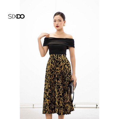 Chân váy họa tiết SIXDO (Black Baroque Print Pleated Midi Silk Skirt)