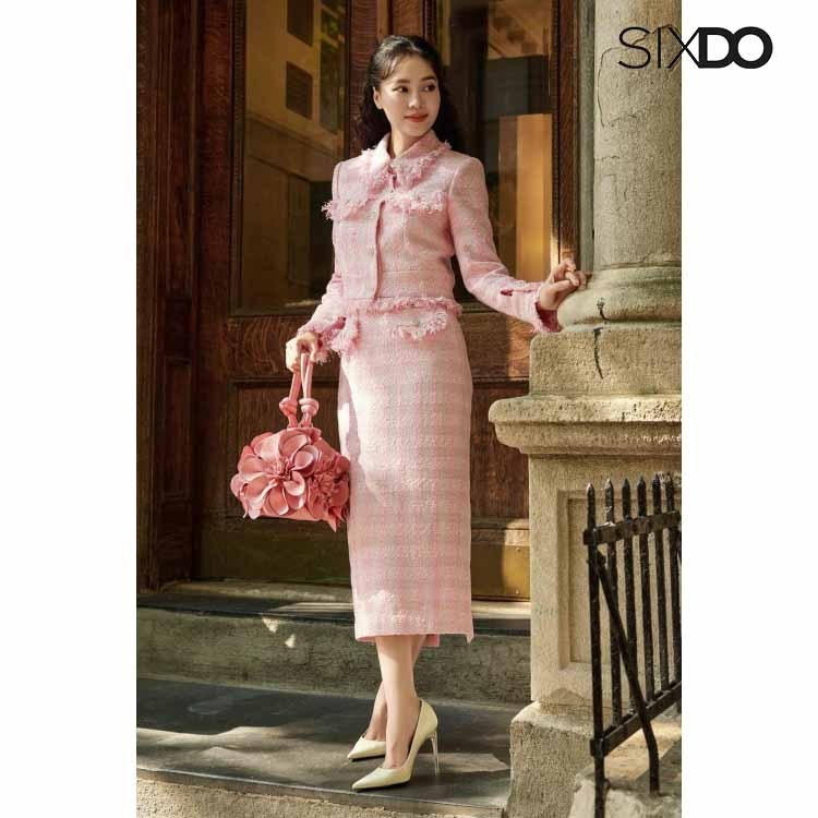 Chân váy dạ tweed dáng dài SIXDO (Light Pink Midi Tweed Skirt)