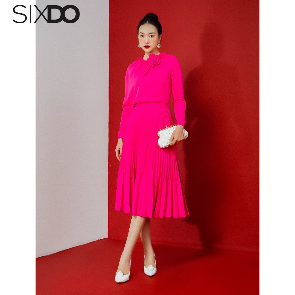 Chân váy hồng xếp ly SIXDO (Magenta Pleated Midi Silk Skirt)