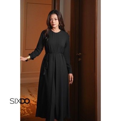 Đầm đen dài tay cổ tròn SIXDO (Black Woven Loose Dress)