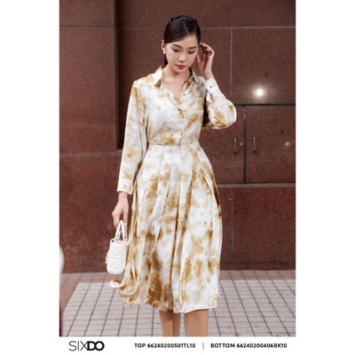 Chân váy lụa xếp ly họa tiết hoa vàng SIXDO (Bronze Pleated Silk Midi Skirt)