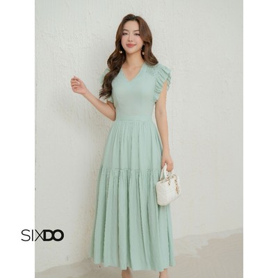Đầm xanh tay bèo cổ V SIXDO (Turquoise Woven Flared Dress)