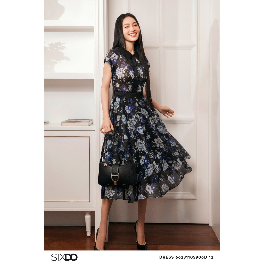 Đầm hoa tơ organza ngắn tay SIXDO (Blue-Black Sixdo Print Organza Midi Dress)
