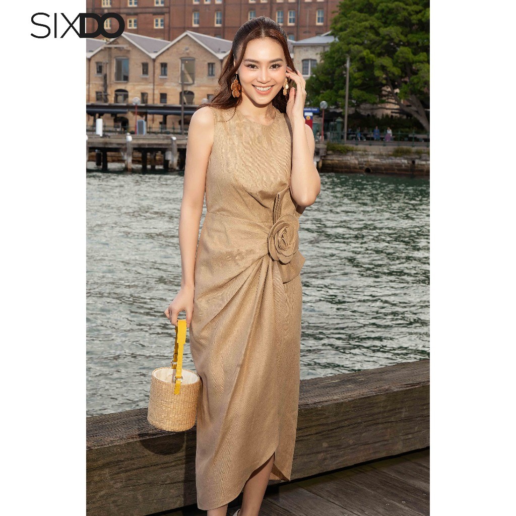 Đầm linen xẻ tà hoa eo SIXDO (Yellowish-brown Sleeveless Midi Linen Dress)