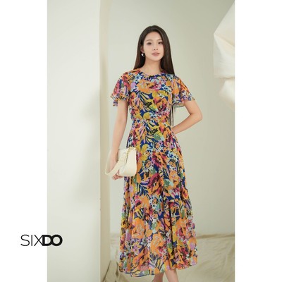 Đầm midi chiffon họa tiết hoa nhiều màu SIXDO (Multicolor Chiffon Flared Dress 2)
