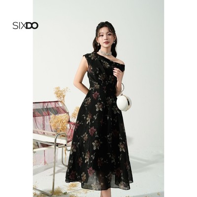 Đầm tơ organza lệch vai dáng xòe SIXDO (Black Organza Flared Dress)