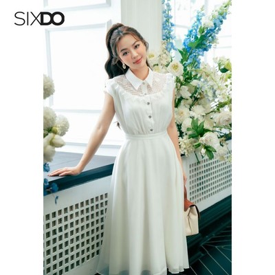 Đầm xòe tơ phối ren cổ sơ mi SIXDO (White Organza Flared Dress)