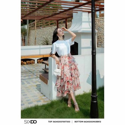 Chân váy tầng hoa tơ organza SIXDO (Salmon Floral Organza Midi Skirt)