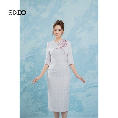 Đầm gấm ôm hoa 3D tay lỡ SIXDO (Light Murrey 3D Flower Brocade Pencil Dress)