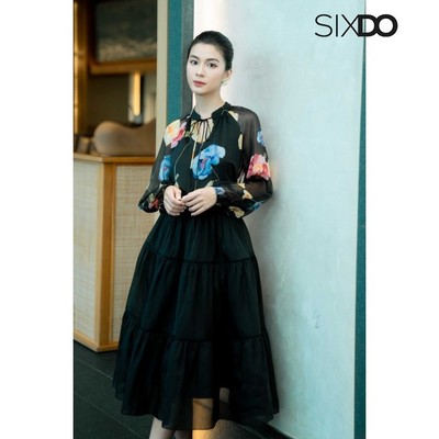 Áo sơ mi tơ họa tiết hoa SIXDO (Black Floral Print Voile Blouse)