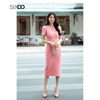 Đầm thô ôm ngắn tay phối cúc SIXDO (Peach Pink Short Sleeves Midi Raw Dress)