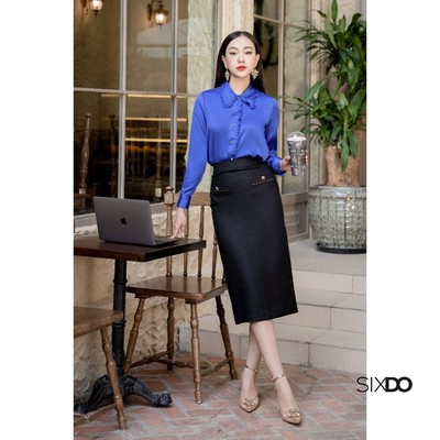 Áo sơ mi nữ lụa xanh SIXDO (Dark Blue Long Sleeves Silk Shirt)