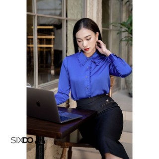 Áo sơ mi nữ lụa xanh SIXDO (Dark Blue Long Sleeves Silk Shirt)