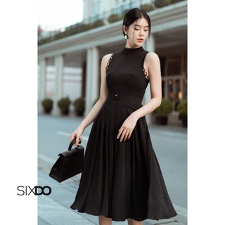Đầm đen sát nách viền ren SIXDO (Black Pleated Midi Silk Dress)