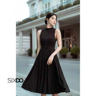 Đầm đen sát nách viền ren SIXDO (Black Pleated Midi Silk Dress)