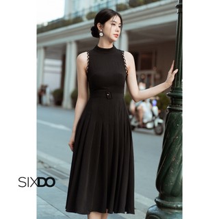 Đầm đen sát nách viền ren SIXDO (Black Pleated Midi Silk Dress)