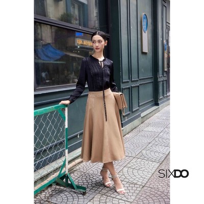 Áo sơ mi đen dài tay buộc dây cổ SIXDO (Black Long Sleeves Silk Blouse)